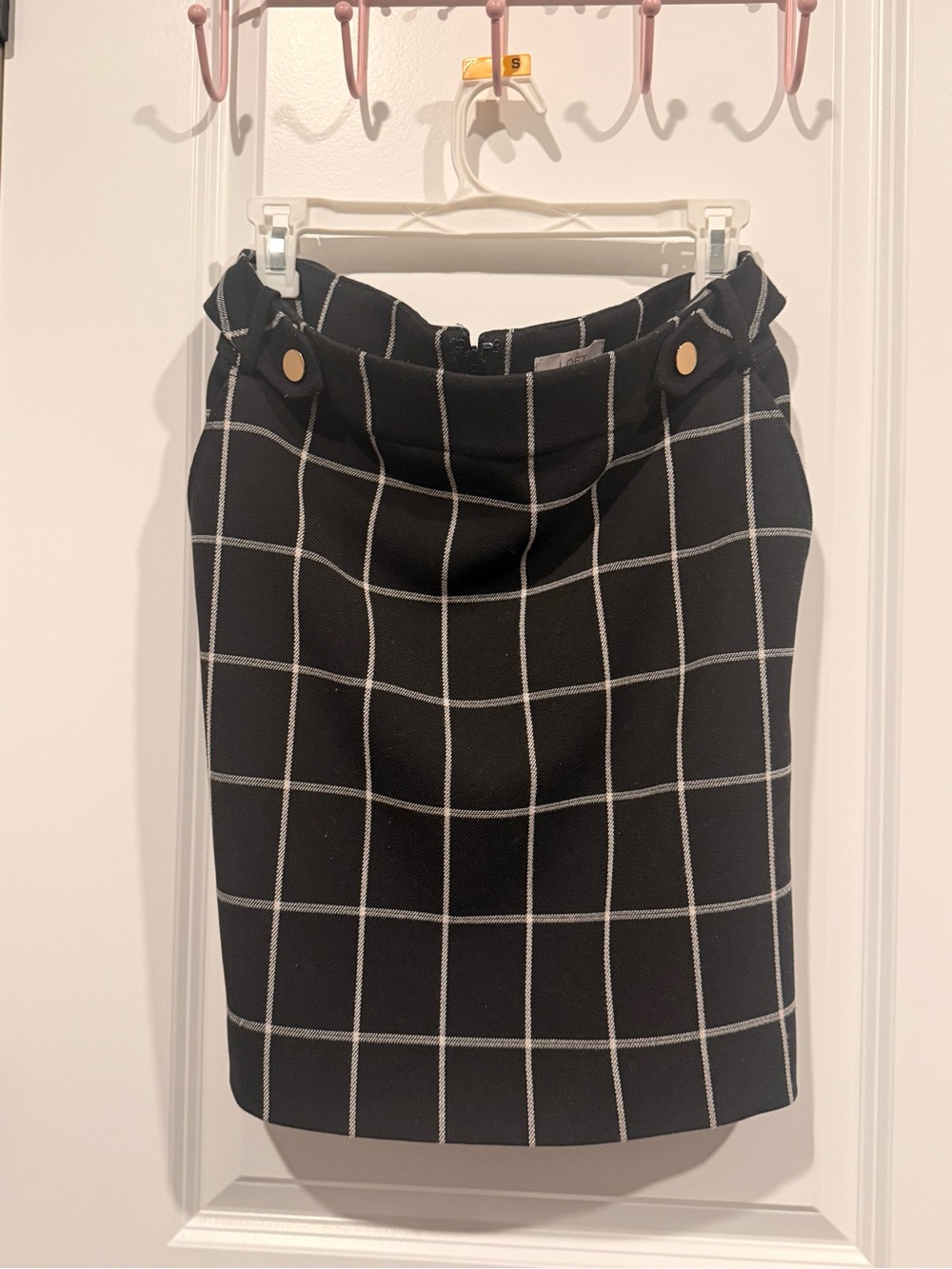 LOFT Black Windowpane Pencil Skirt with Gold Buttons